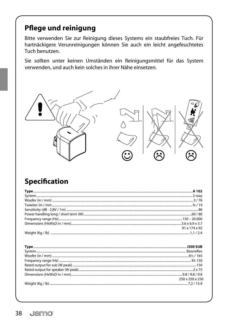 Pfl ege und reinigung, Specifi cation | JAMO i Series I300 User Manual | Page 38 / 124
