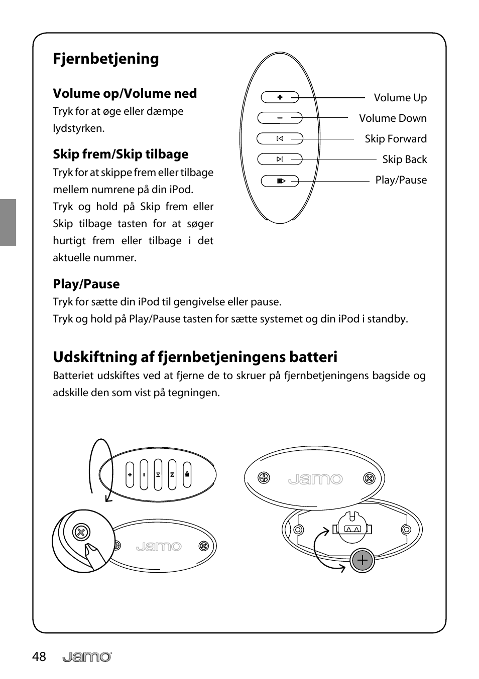 Fjernbetjening, Udskiftning af fjernbetjeningens batteri | JAMO i Series I300 User Manual | Page 48 / 124