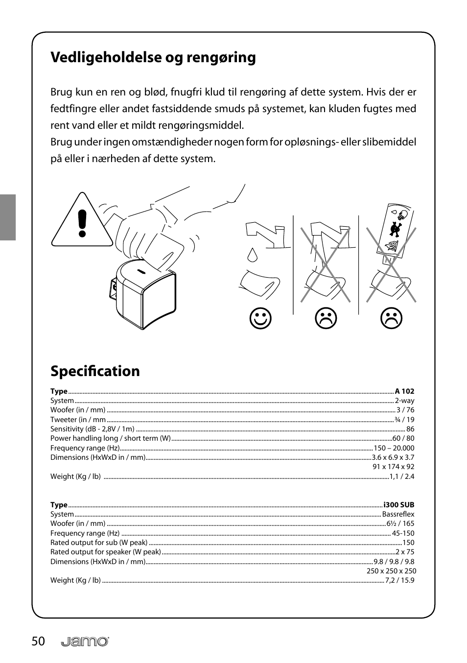 Vedligeholdelse og rengøring, Specifi cation | JAMO i Series I300 User Manual | Page 50 / 124