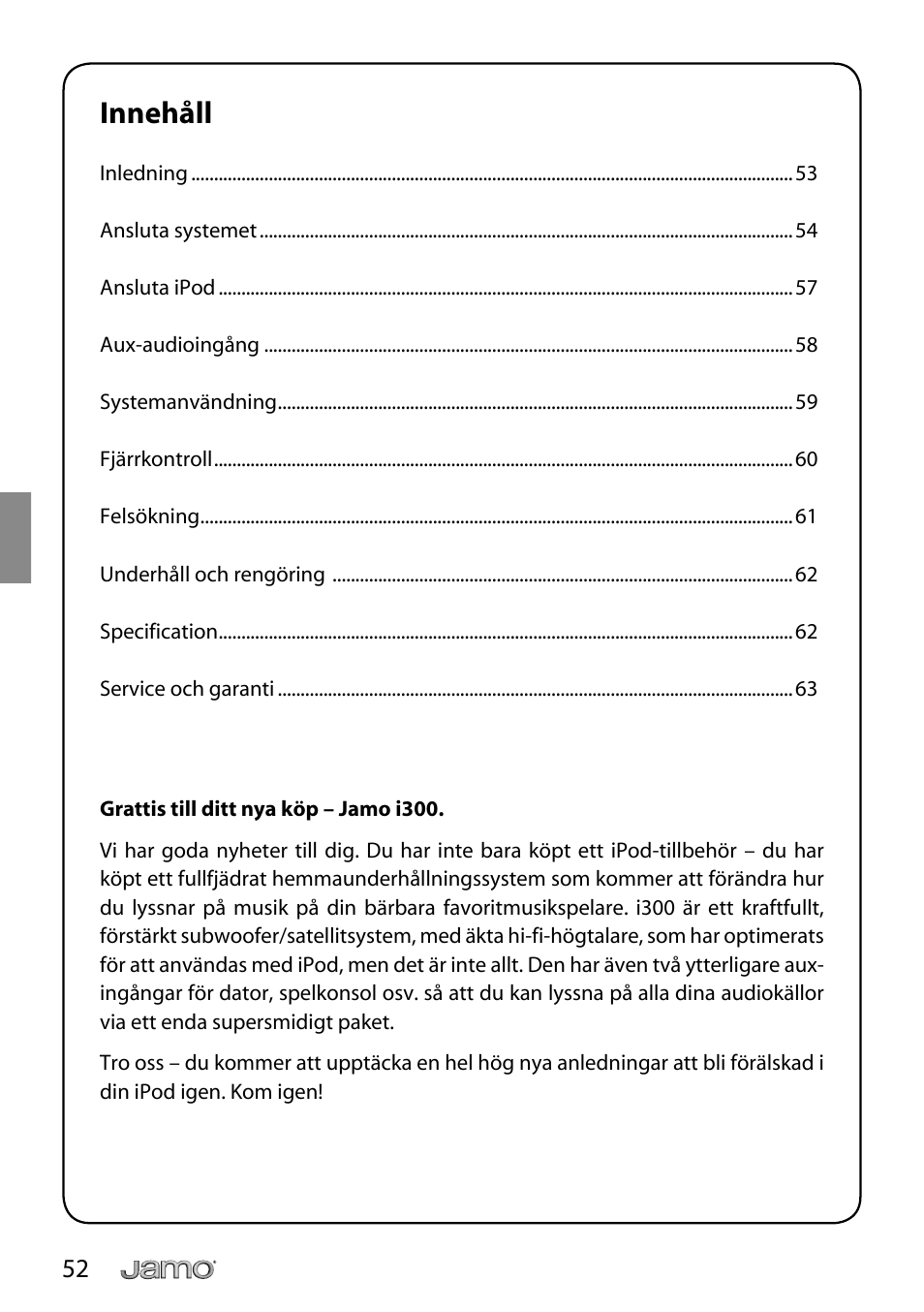Innehåll | JAMO i Series I300 User Manual | Page 52 / 124