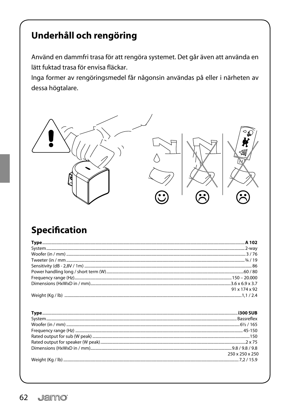 Underhåll och rengöring, Specifi cation | JAMO i Series I300 User Manual | Page 62 / 124