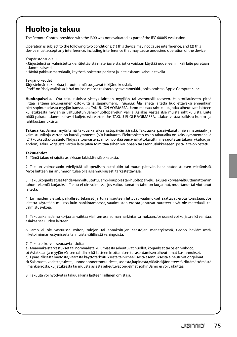 Huolto ja takuu | JAMO i Series I300 User Manual | Page 75 / 124
