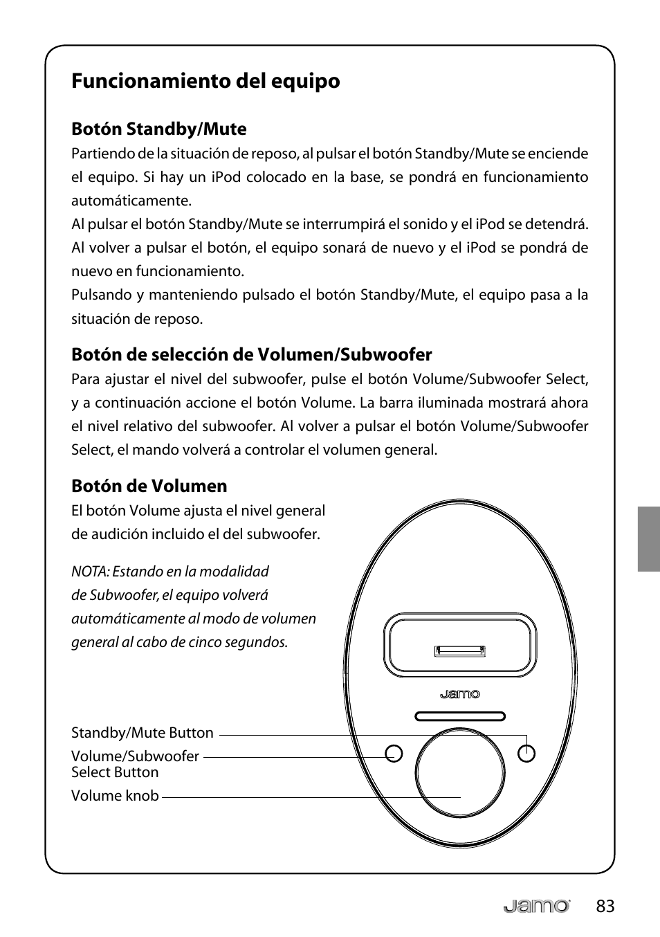 Funcionamiento del equipo | JAMO i Series I300 User Manual | Page 83 / 124