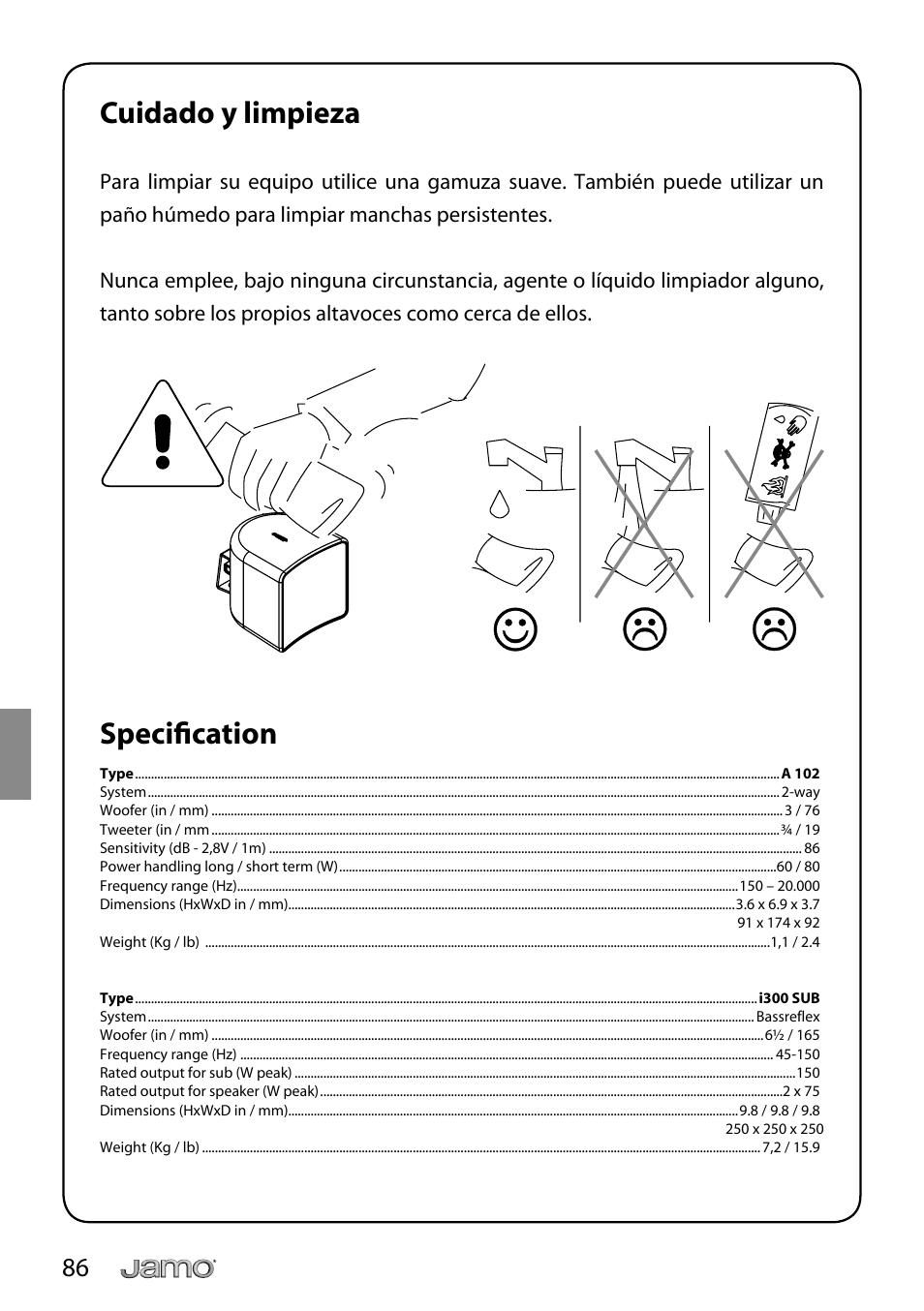 Cuidado y limpieza, Specifi cation | JAMO i Series I300 User Manual | Page 86 / 124
