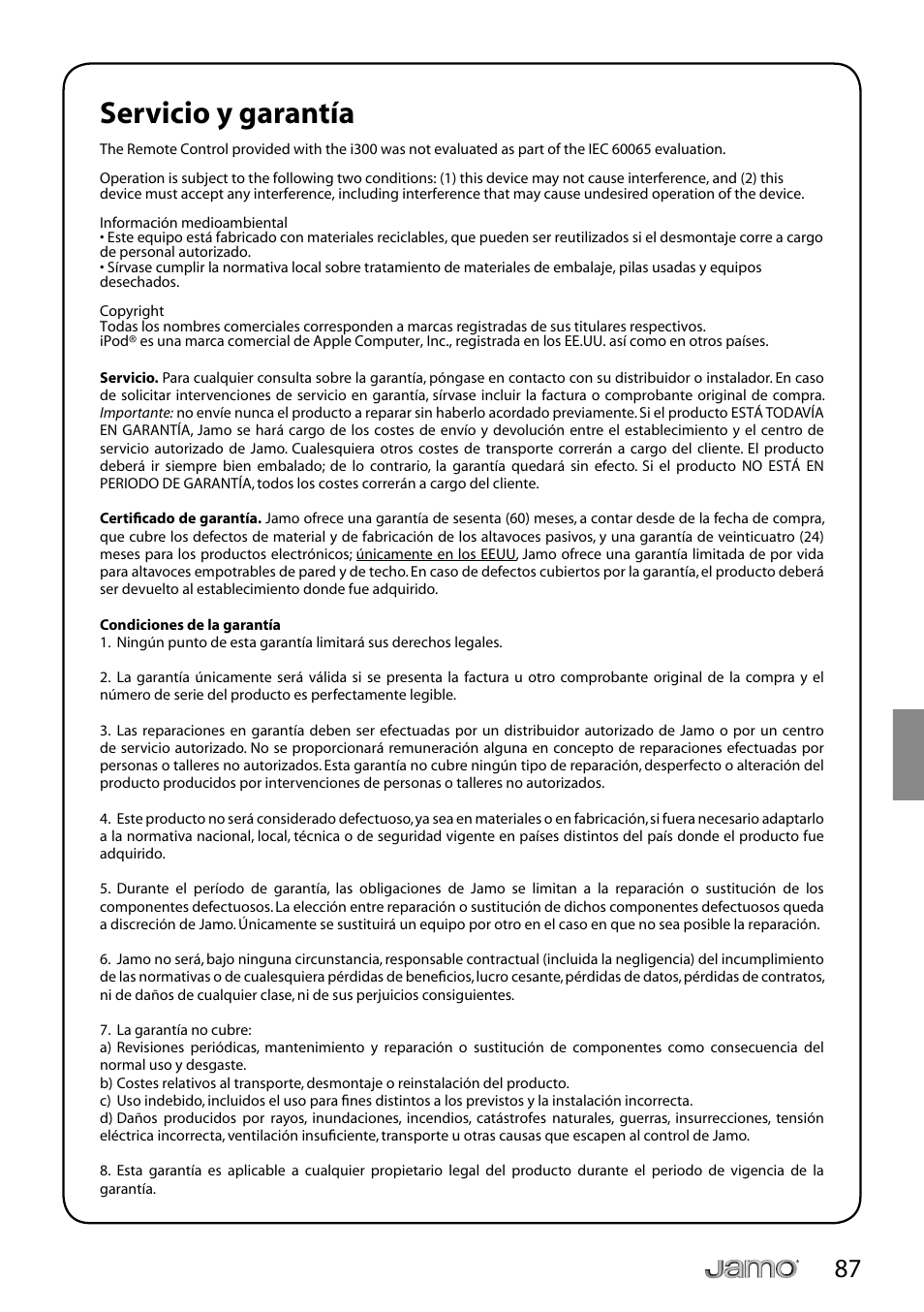 Servicio y garantía | JAMO i Series I300 User Manual | Page 87 / 124