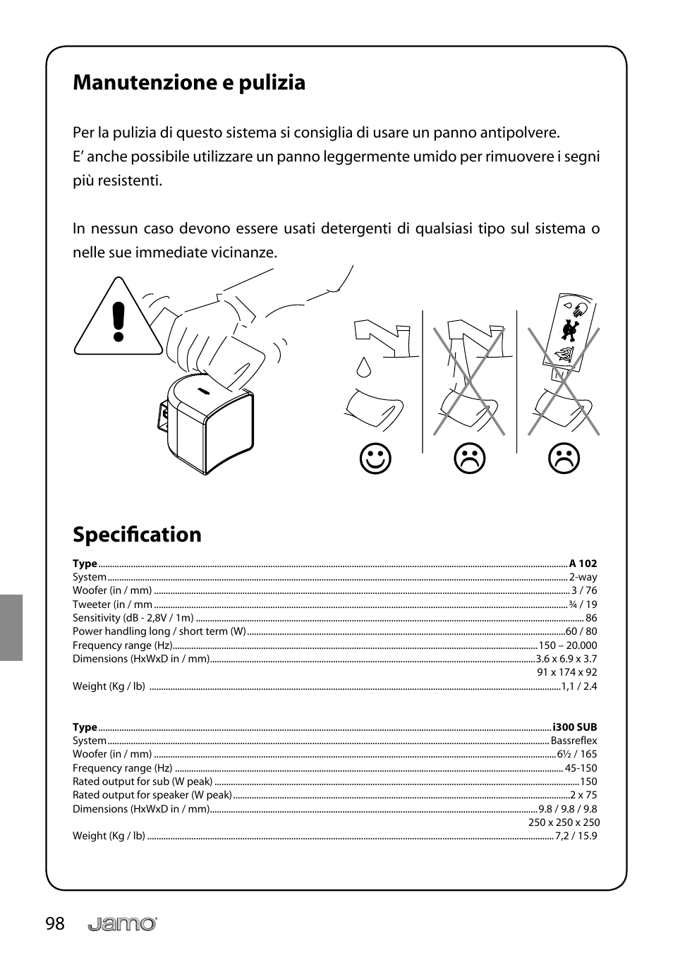 Manutenzione e pulizia, Specifi cation | JAMO i Series I300 User Manual | Page 98 / 124