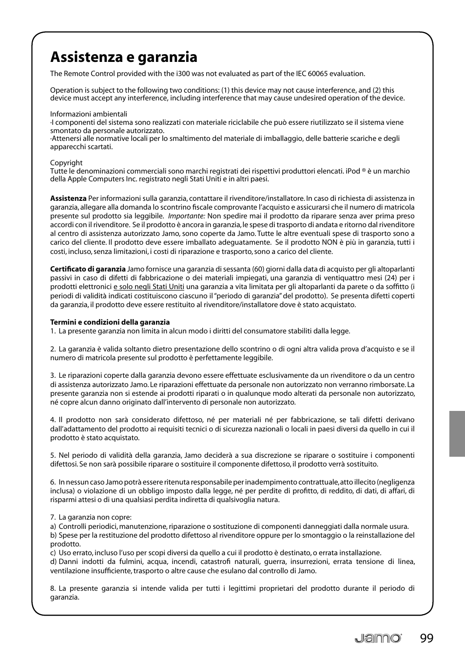 Assistenza e garanzia | JAMO i Series I300 User Manual | Page 99 / 124