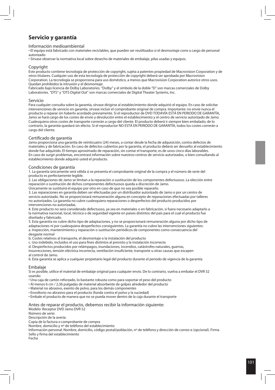 Servicio y garantía | JAMO S 502 User Manual | Page 101 / 124