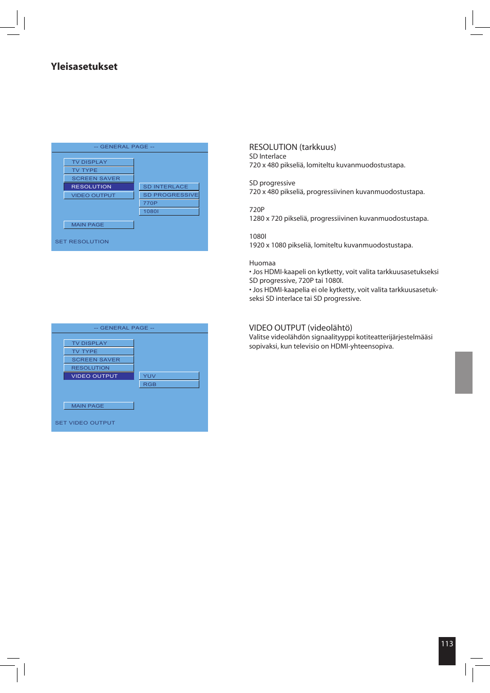 Yleisasetukset, Video output (videolähtö), Resolution (tarkkuus) | JAMO S 502 User Manual | Page 113 / 124
