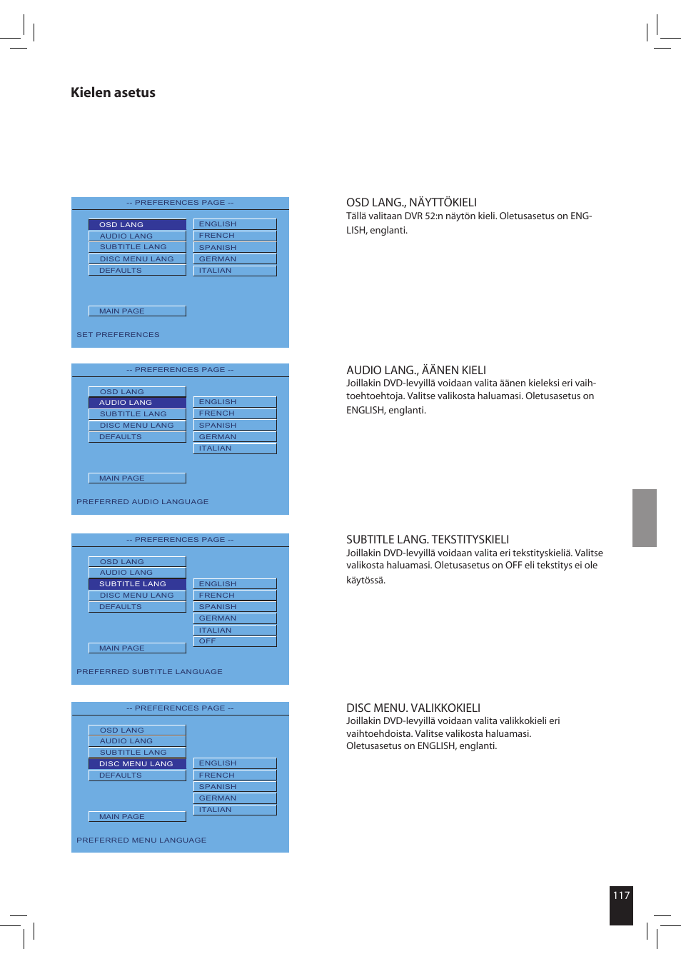 Kielen asetus, Osd lang., näyttökieli, Audio lang., äänen kieli | Subtitle lang. tekstityskieli, Disc menu. valikkokieli | JAMO S 502 User Manual | Page 117 / 124