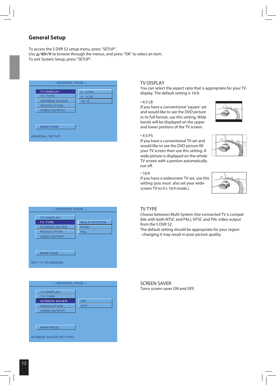 General setup, Tv type, Tv display | Screen saver | JAMO S 502 User Manual | Page 12 / 124