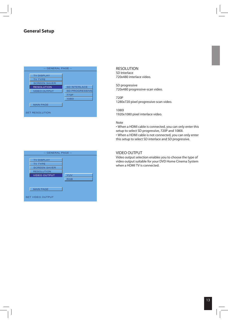 General setup, Video output, Resolution | JAMO S 502 User Manual | Page 13 / 124