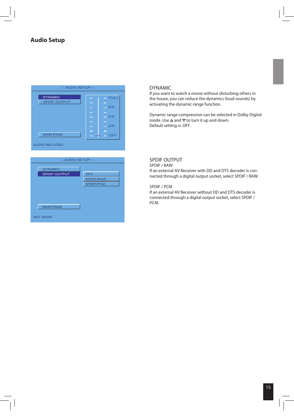 Audio setup, Spdif output, Dynamic | JAMO S 502 User Manual | Page 15 / 124