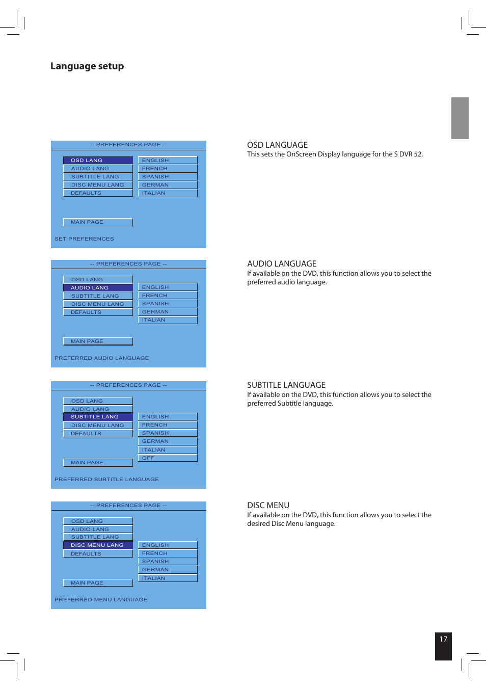 Language setup, Osd language, Audio language | Subtitle language, Disc menu | JAMO S 502 User Manual | Page 17 / 124