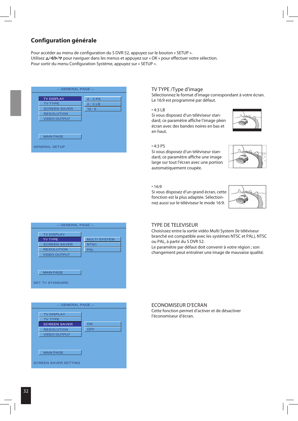 Configuration générale, Type de televiseur, Tv type /type d’image | Economiseur d’ecran | JAMO S 502 User Manual | Page 32 / 124