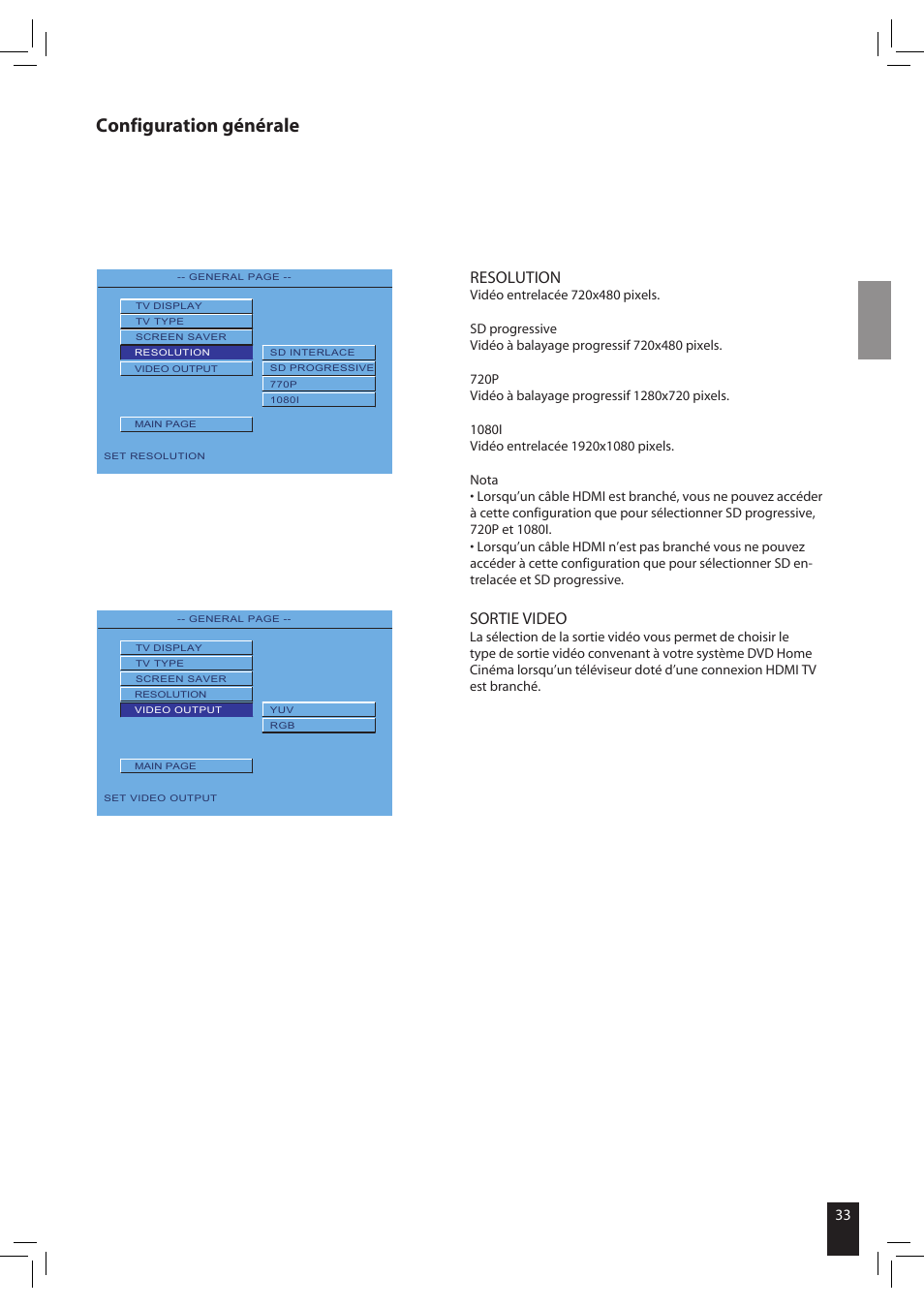 Configuration générale, Sortie video, Resolution | JAMO S 502 User Manual | Page 33 / 124