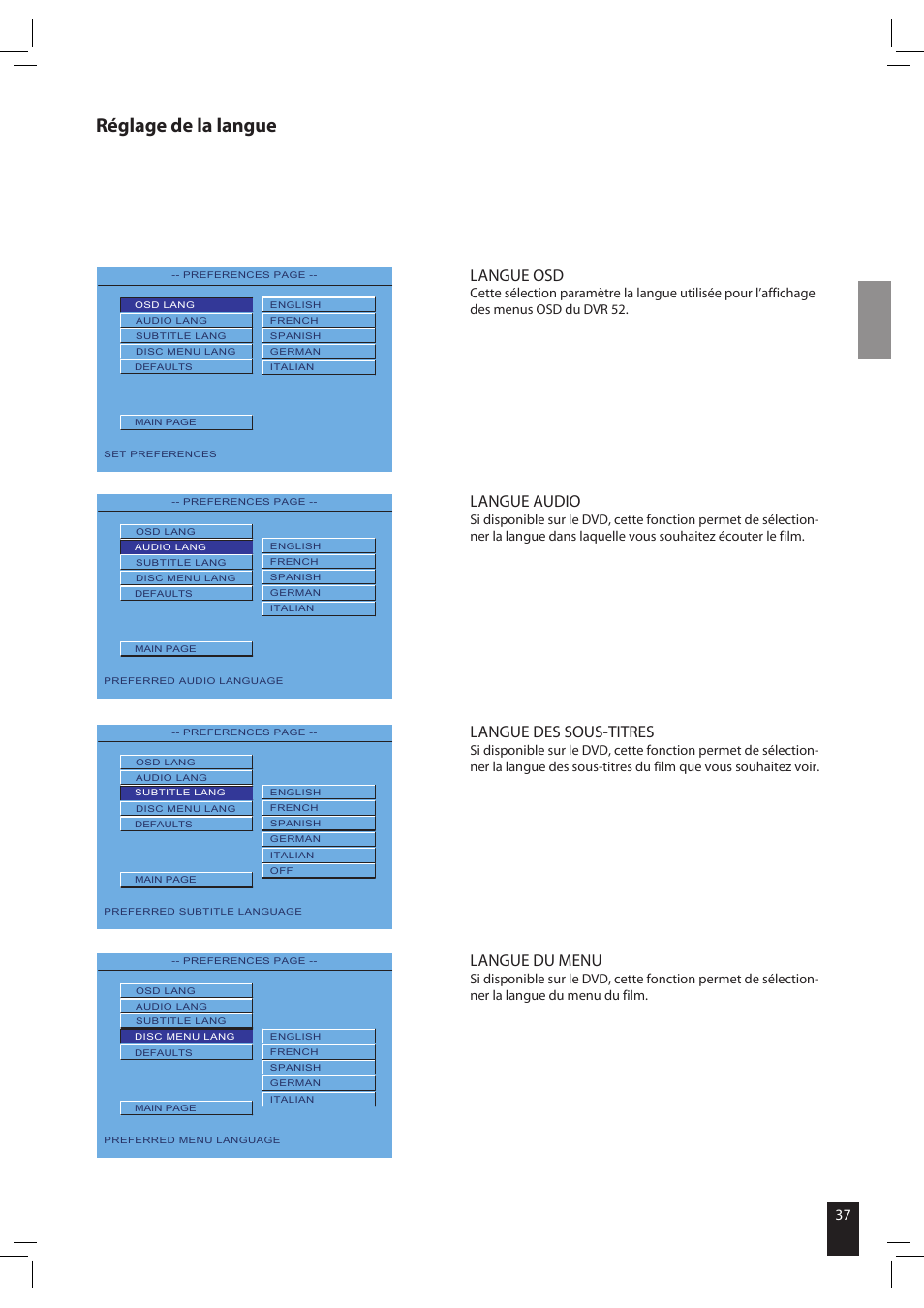 Réglage de la langue, Langue osd, Langue audio | Langue des sous-titres, Langue du menu | JAMO S 502 User Manual | Page 37 / 124