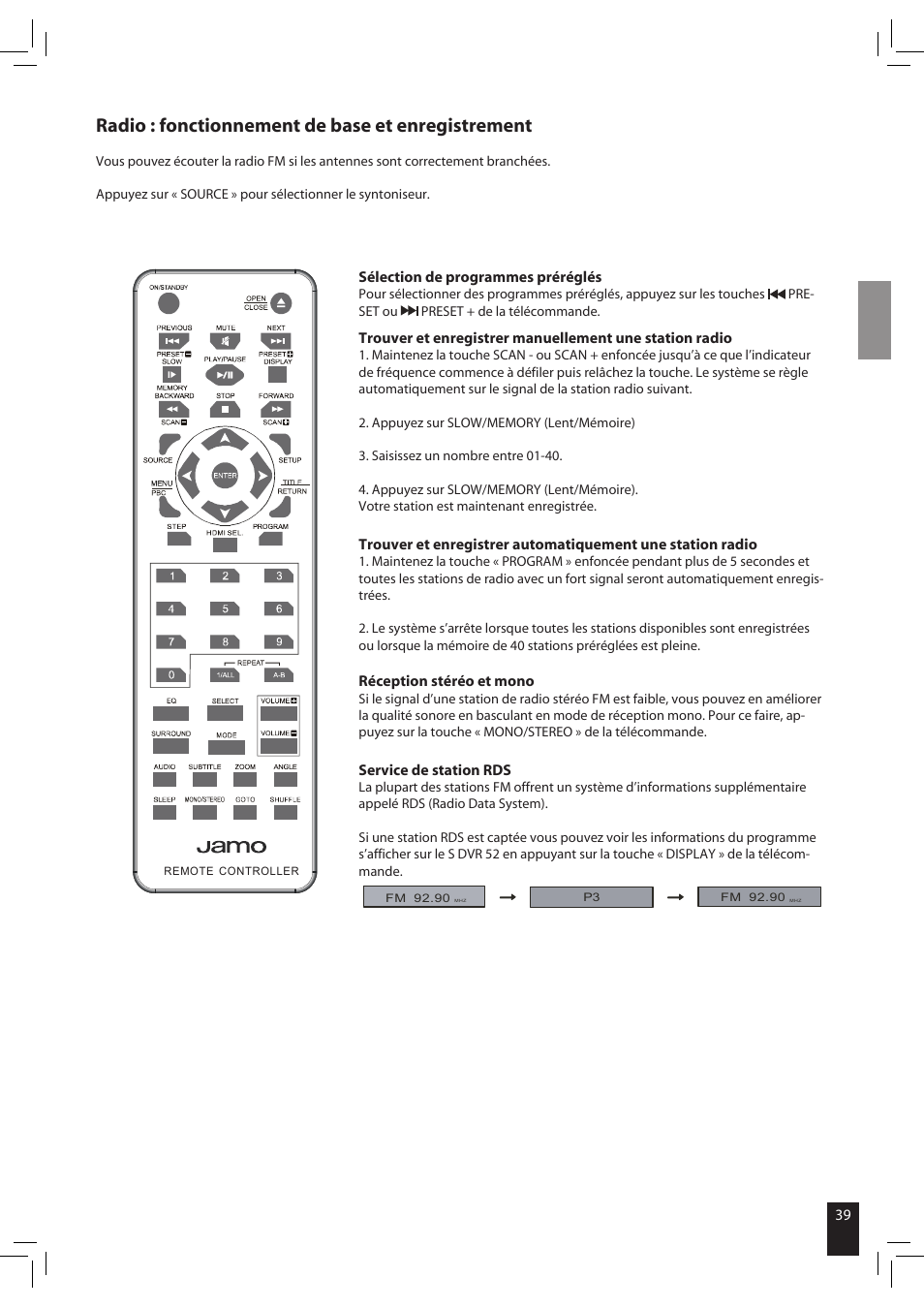 Radio : fonctionnement de base et enregistrement | JAMO S 502 User Manual | Page 39 / 124