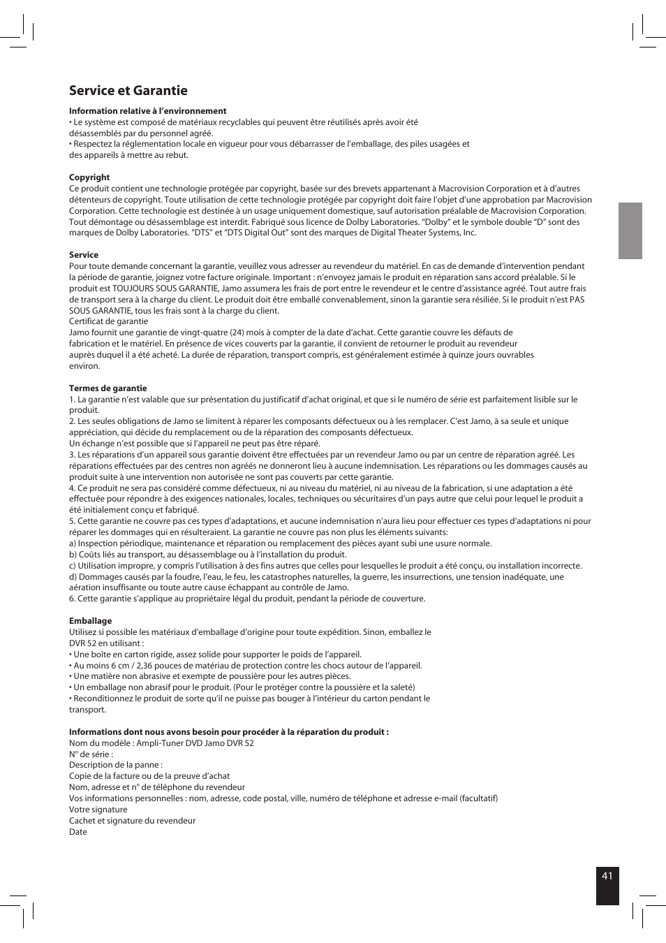 Service et garantie | JAMO S 502 User Manual | Page 41 / 124