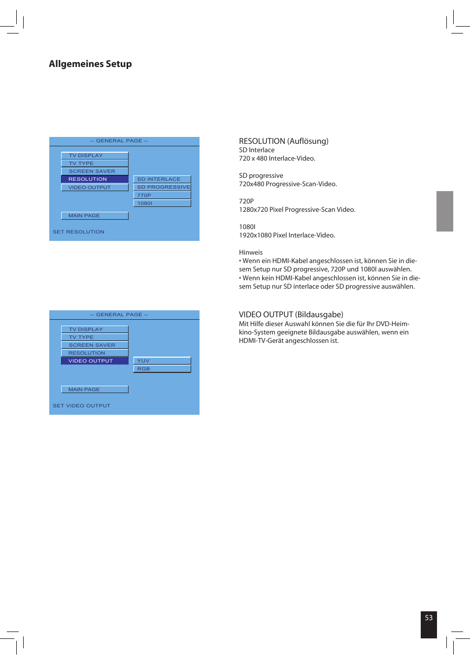 Allgemeines setup, Video output (bildausgabe), Resolution (auflösung) | JAMO S 502 User Manual | Page 53 / 124