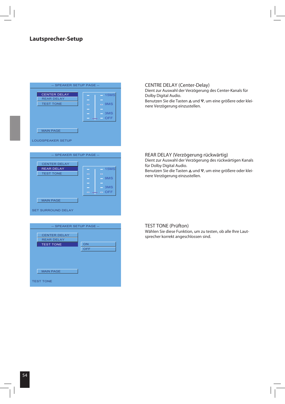 Lautsprecher-setup, Centre delay (center-delay), Rear delay (verzögerung rückwärtig) | Test tone (prüfton) | JAMO S 502 User Manual | Page 54 / 124