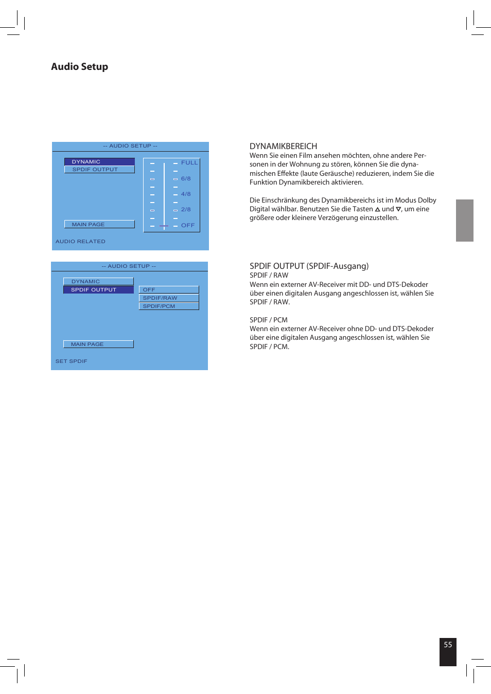 Audio setup, Spdif output (spdif-ausgang), Dynamikbereich | JAMO S 502 User Manual | Page 55 / 124
