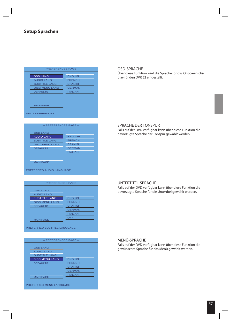 Setup sprachen, Osd-sprache, Sprache der tonspur | Untertitel-sprache, Menü-sprache | JAMO S 502 User Manual | Page 57 / 124