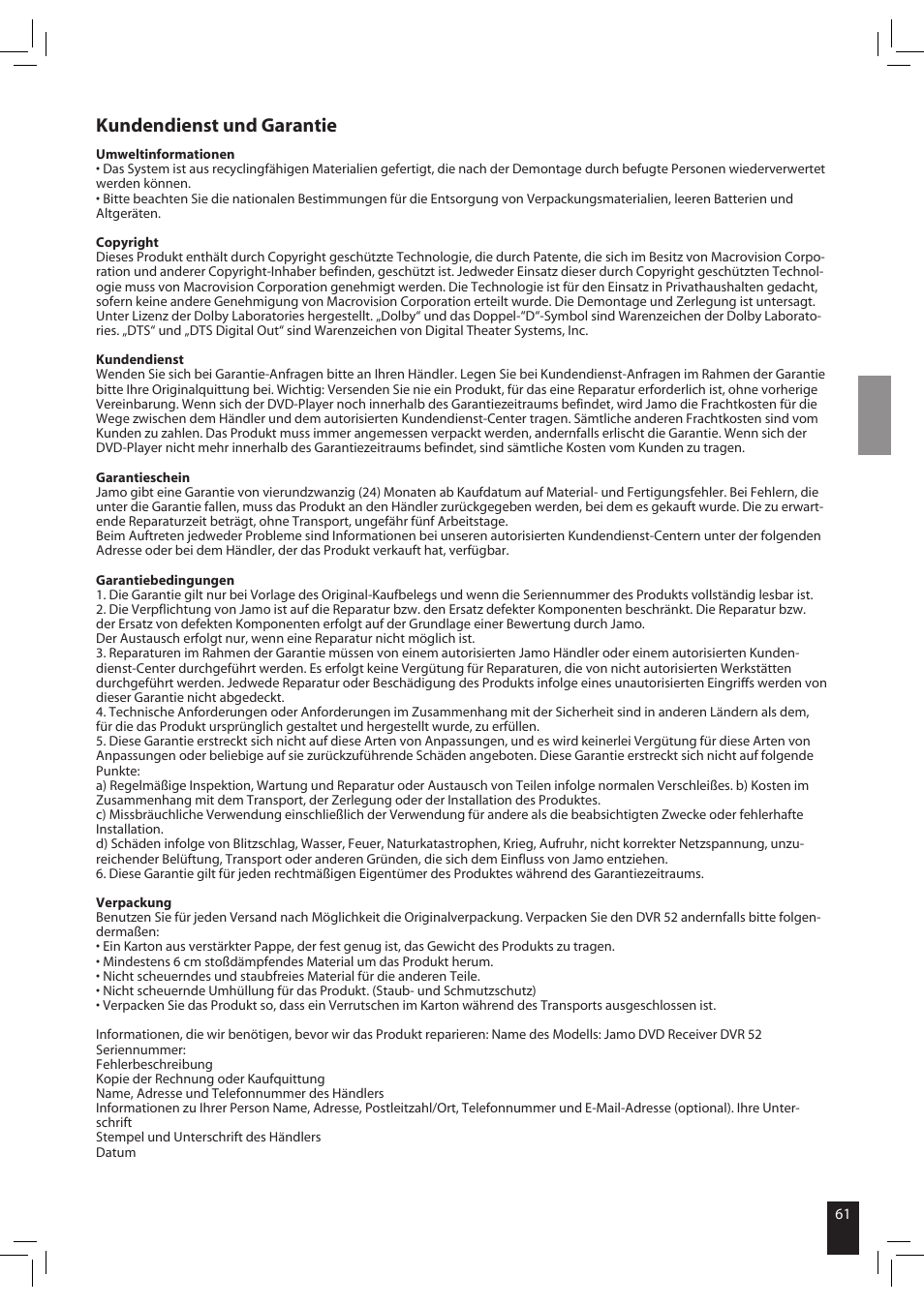 Kundendienst und garantie | JAMO S 502 User Manual | Page 61 / 124