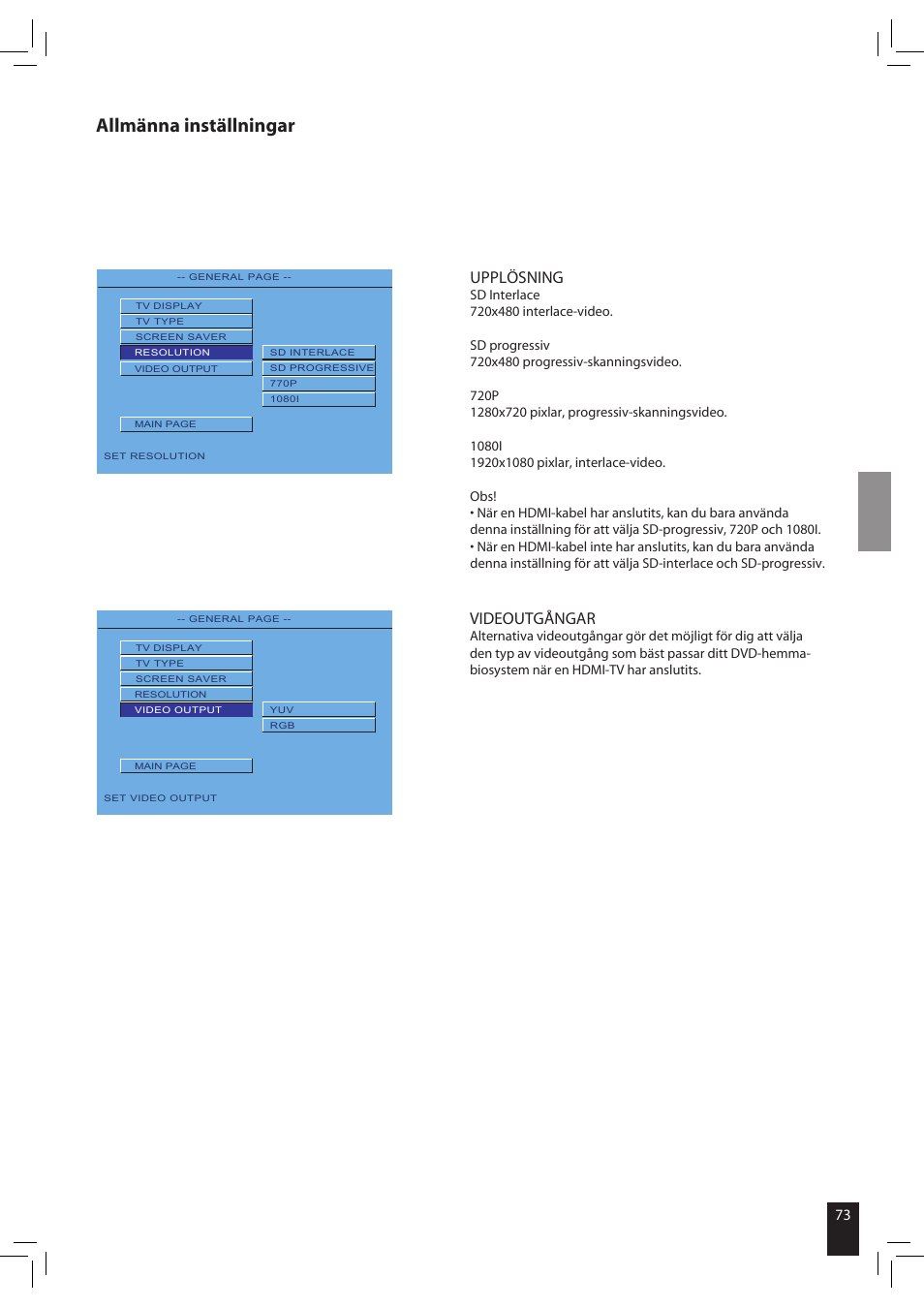 Allmänna inställningar, Videoutgångar, Upplösning | JAMO S 502 User Manual | Page 73 / 124