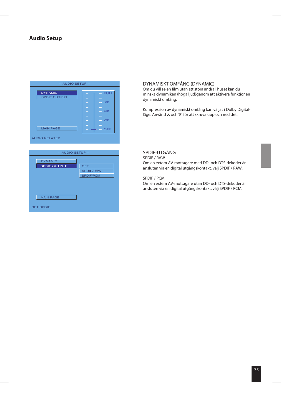 Audio setup, Spdif-utgång, Dynamiskt omfång (dynamic) | JAMO S 502 User Manual | Page 75 / 124