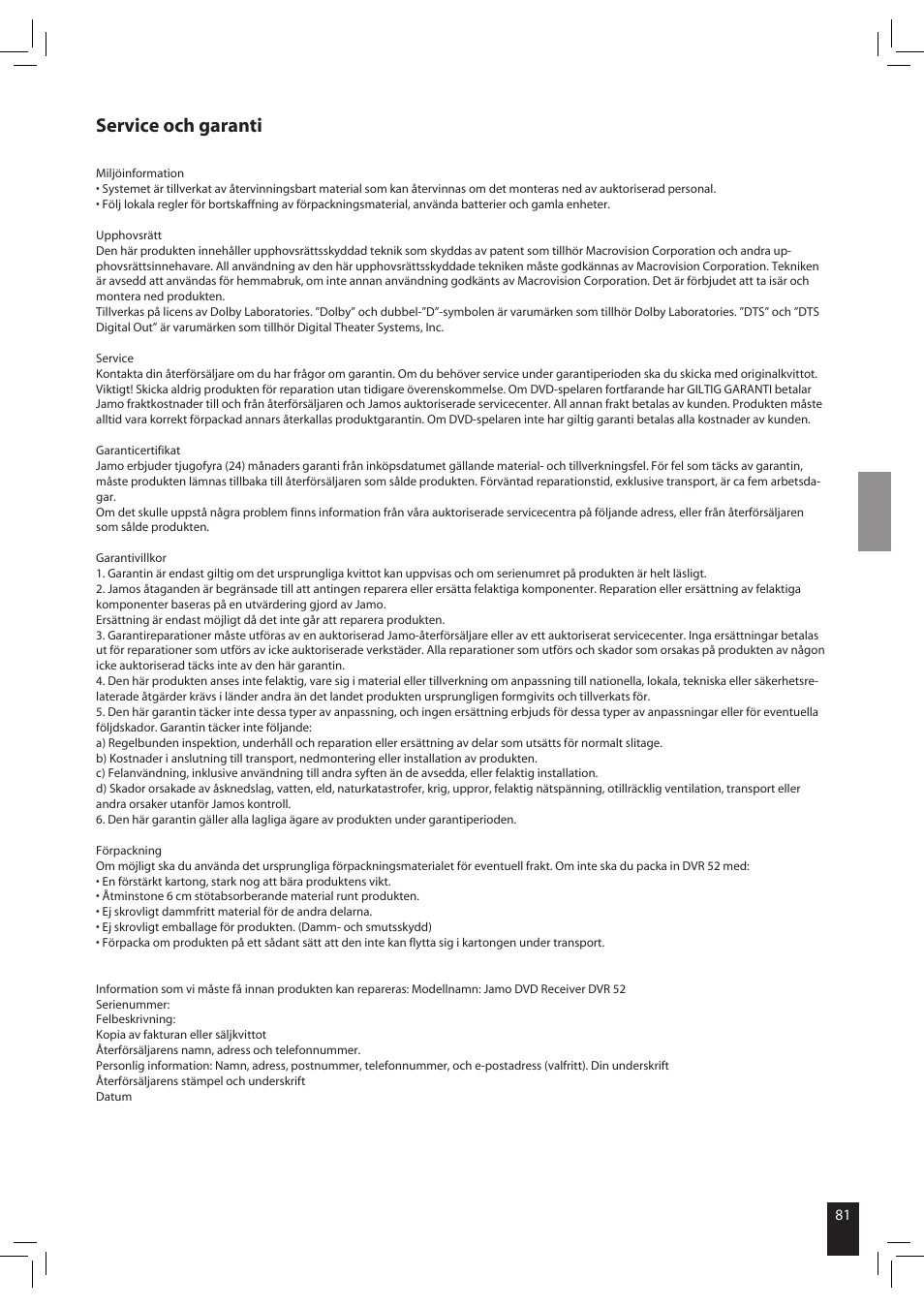 Service och garanti | JAMO S 502 User Manual | Page 81 / 124