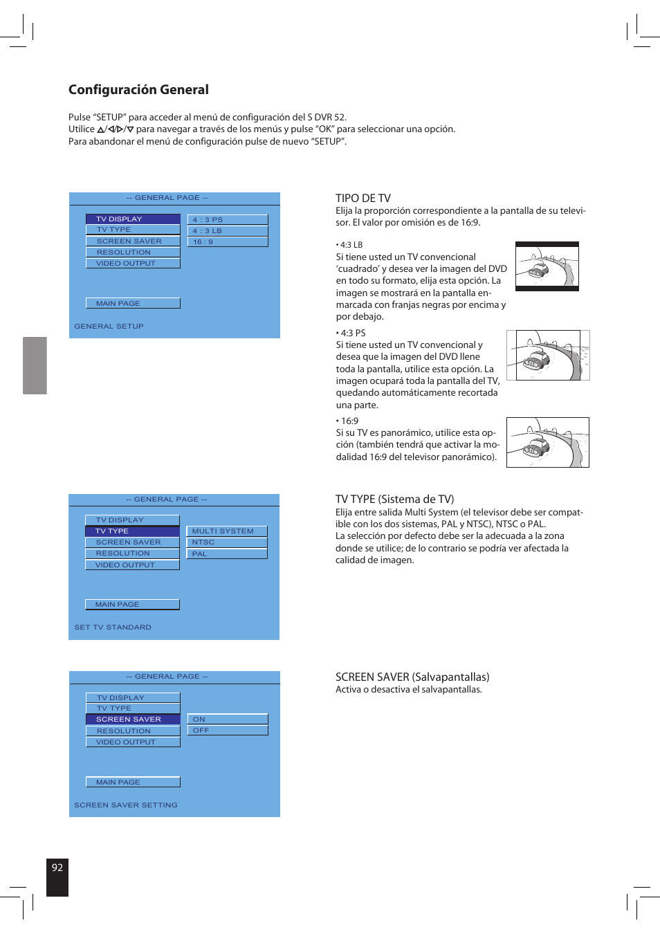 Configuración general, Tv type (sistema de tv), Screen saver (salvapantallas) | Tipo de tv | JAMO S 502 User Manual | Page 92 / 124