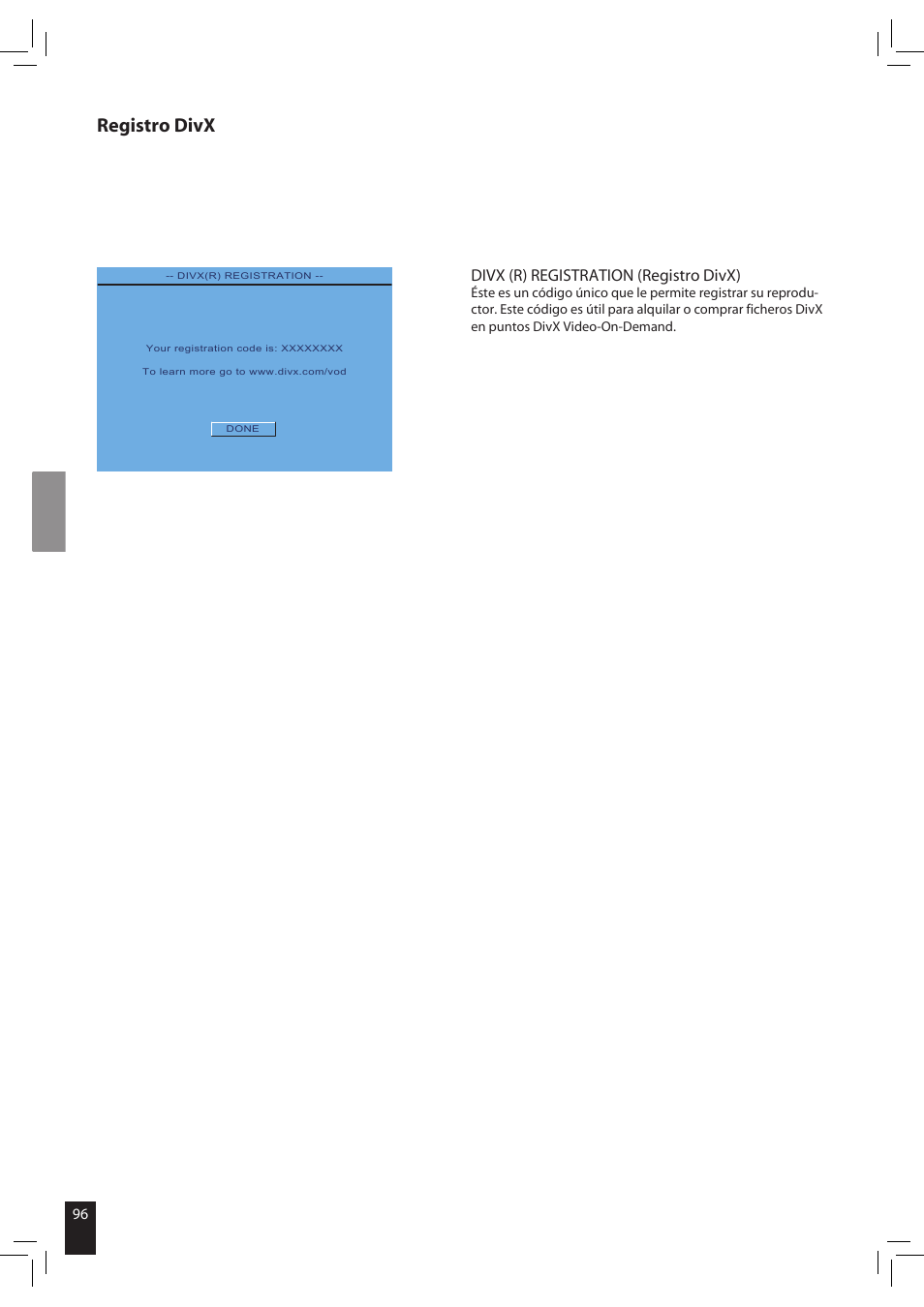 Registro divx, Divx (r) registration (registro divx) | JAMO S 502 User Manual | Page 96 / 124