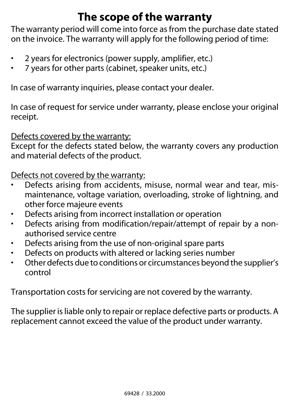 The scope of the warranty | JAMO R-300 User Manual | Page 4 / 4