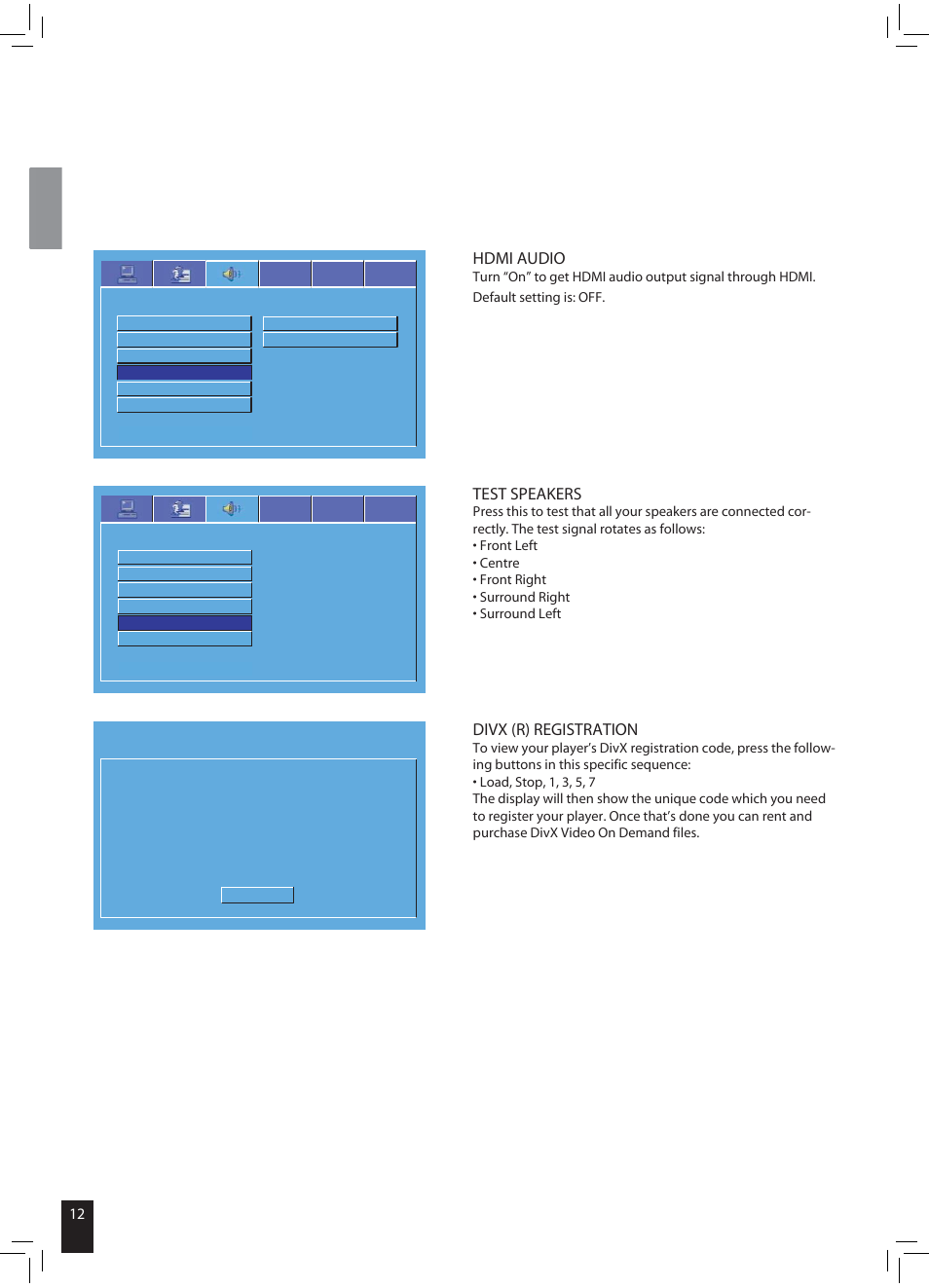 Test speakers, Hdmi audio, Divx (r) registration | JAMO DMR 61 User Manual | Page 10 / 18