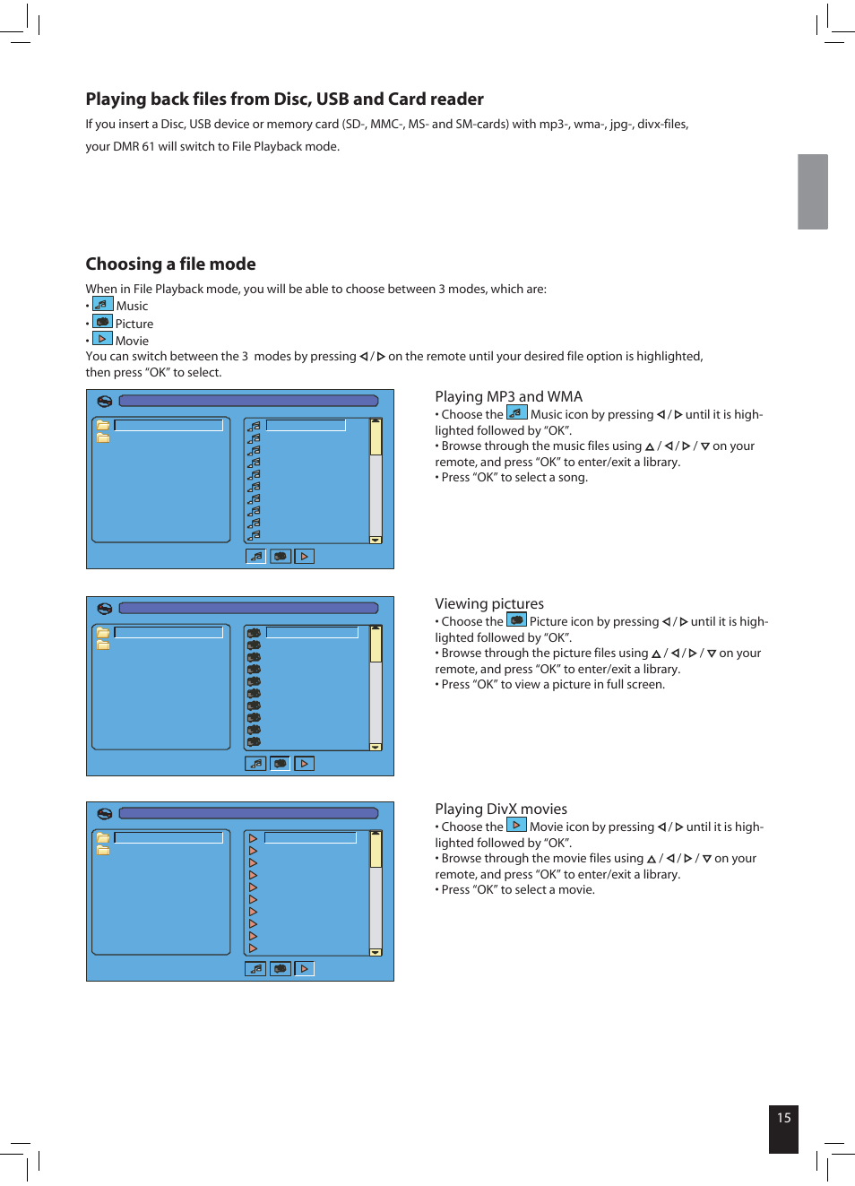 Playing back files from disc, usb and card reader, Choosing a file mode, Playing mp3 and wma | Viewing pictures, Playing divx movies | JAMO DMR 61 User Manual | Page 13 / 18