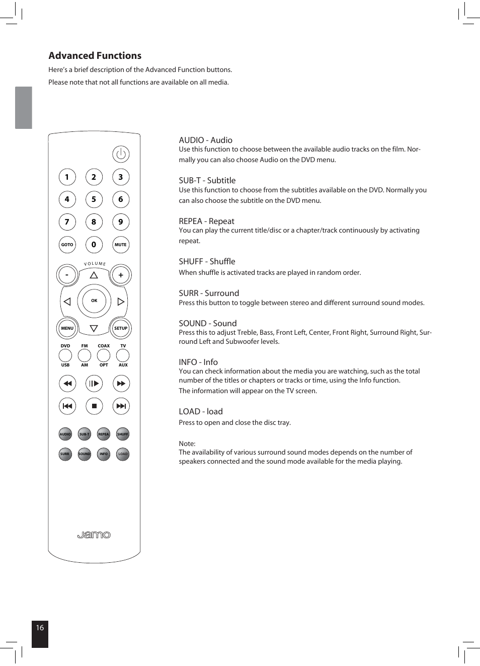 Advanced functions, Audio - audio, Sub-t - subtitle | Repea - repeat, Shuff - shuffle, Surr - surround, Sound - sound, Info - info, Load - load | JAMO DMR 61 User Manual | Page 14 / 18