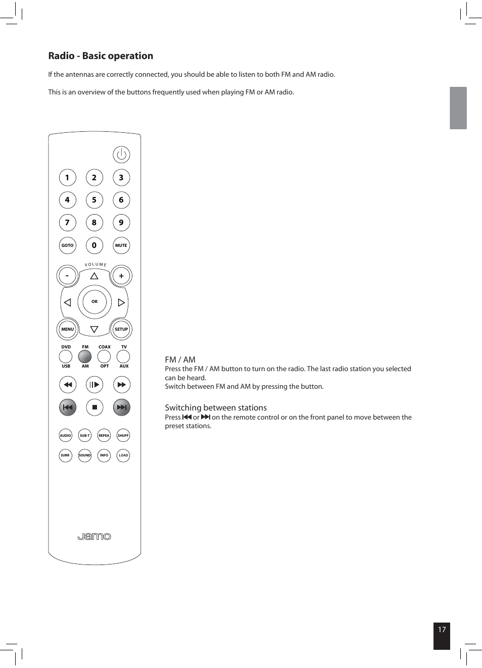 Radio - basic operation, Fm / am, Switching between stations | JAMO DMR 61 User Manual | Page 15 / 18