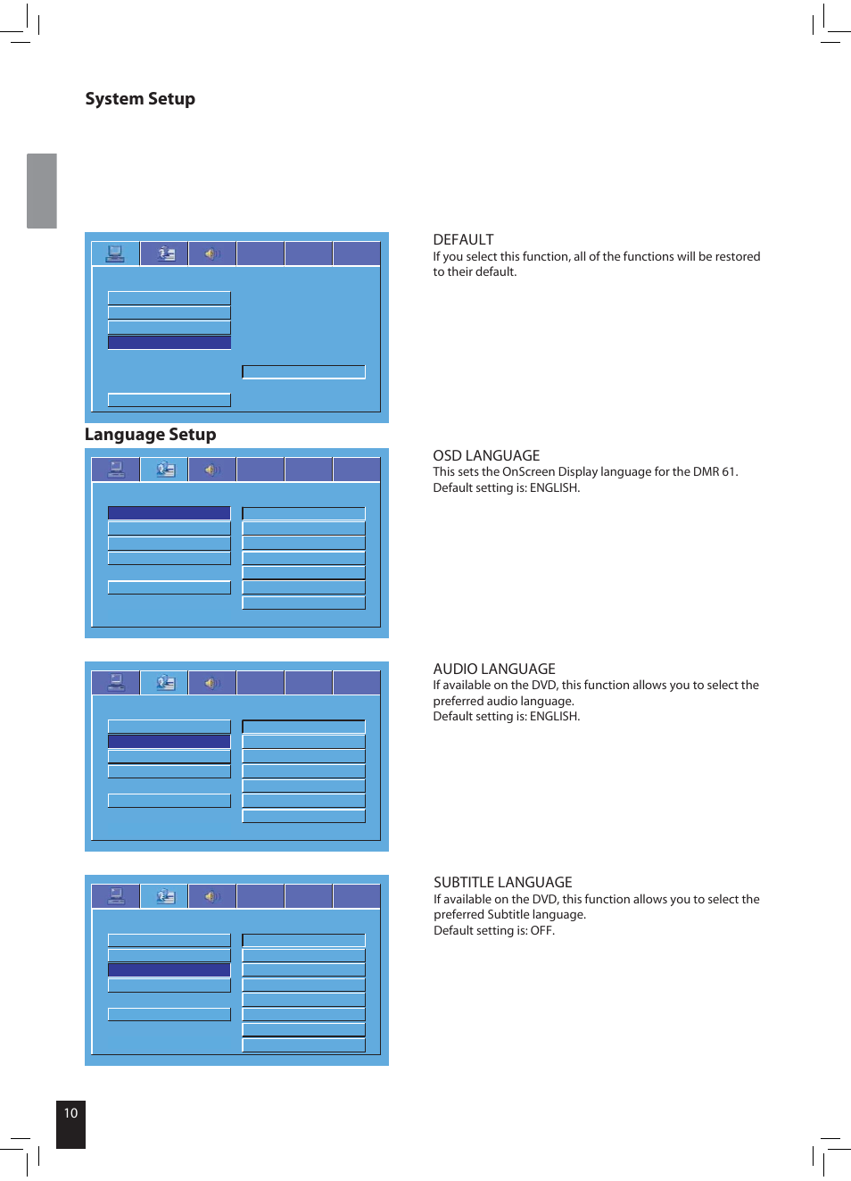 System setup language setup, Default, Osd language | Audio language, Subtitle language | JAMO DMR 61 User Manual | Page 8 / 18