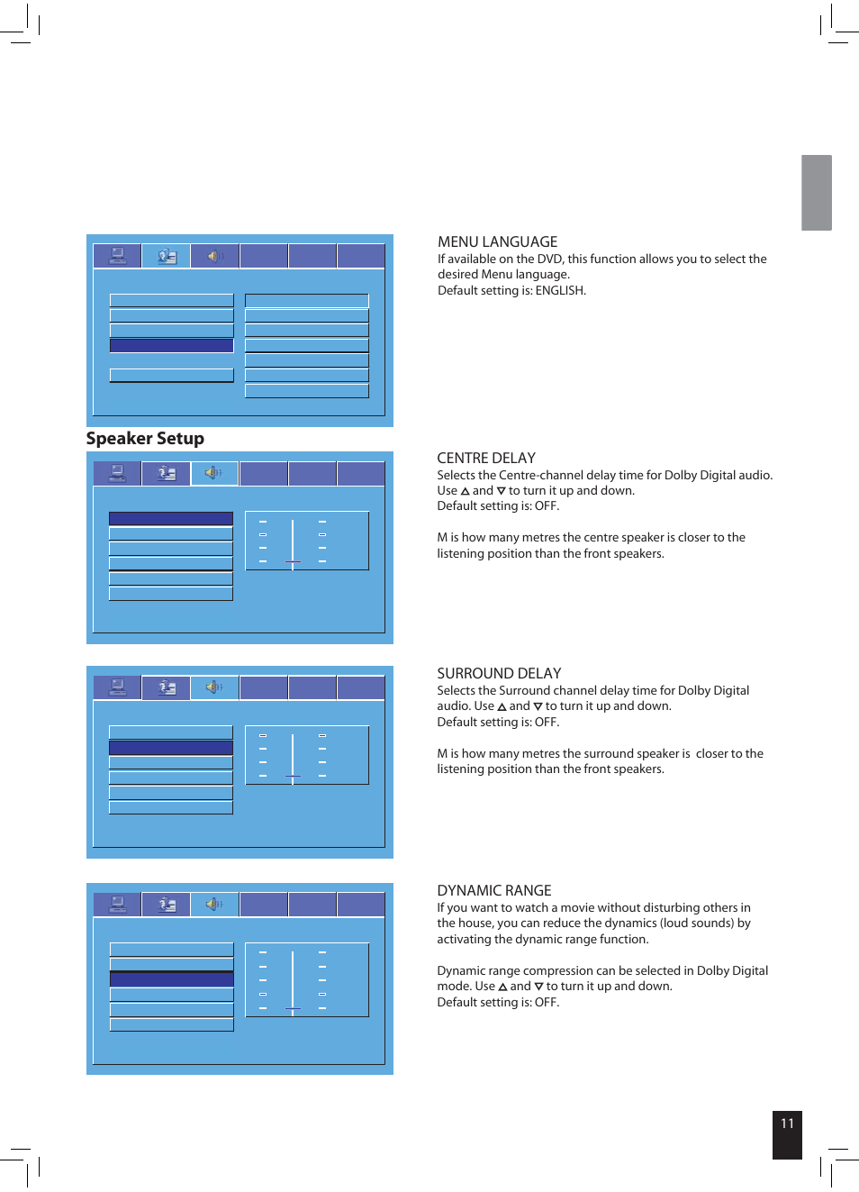 Speaker setup, Menu language, Centre delay | Surround delay, Dynamic range | JAMO DMR 61 User Manual | Page 9 / 18