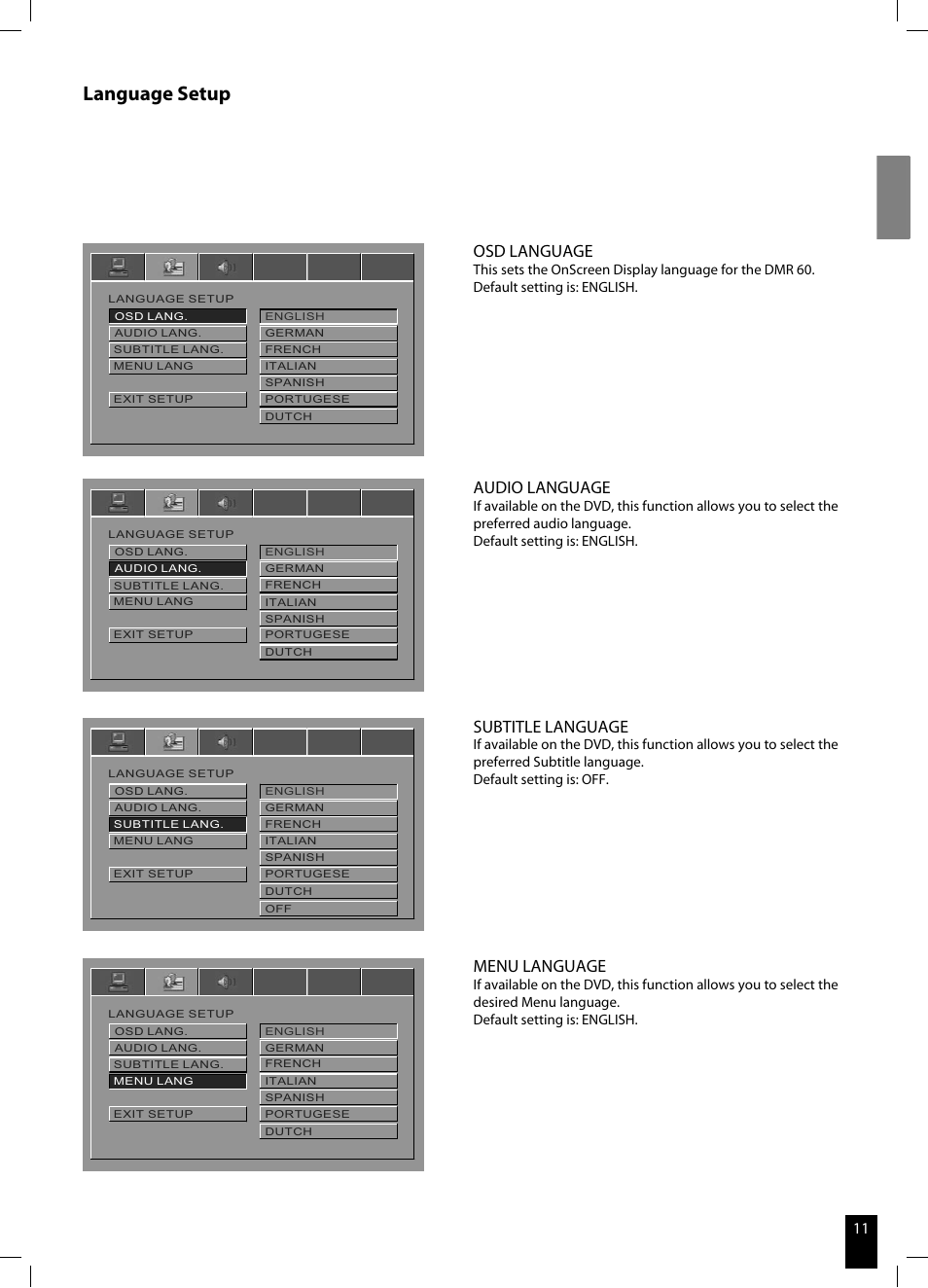 Language setup, Osd language, Audio language | Subtitle language, Menu language | JAMO DMR 60 User Manual | Page 11 / 21