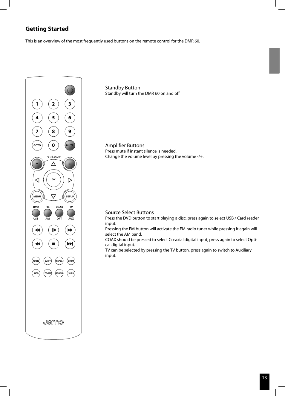 Getting started, Standby button, Amplifier buttons | Source select buttons | JAMO DMR 60 User Manual | Page 13 / 21
