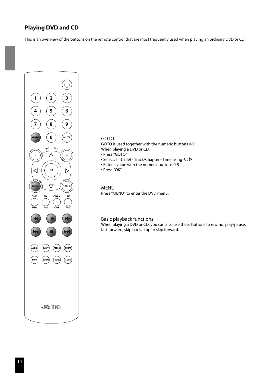 Playing dvd and cd, Goto, Menu | Basic playback functions | JAMO DMR 60 User Manual | Page 14 / 21