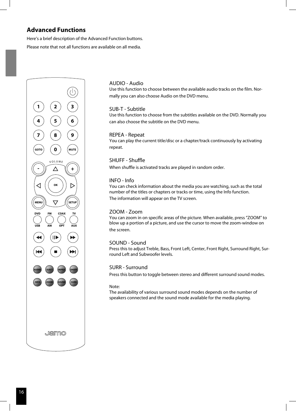 Advanced functions, Audio - audio, Sub-t - subtitle | Repea - repeat, Shuff - shuffle, Info - info, Zoom - zoom, Sound - sound, Surr - surround | JAMO DMR 60 User Manual | Page 16 / 21