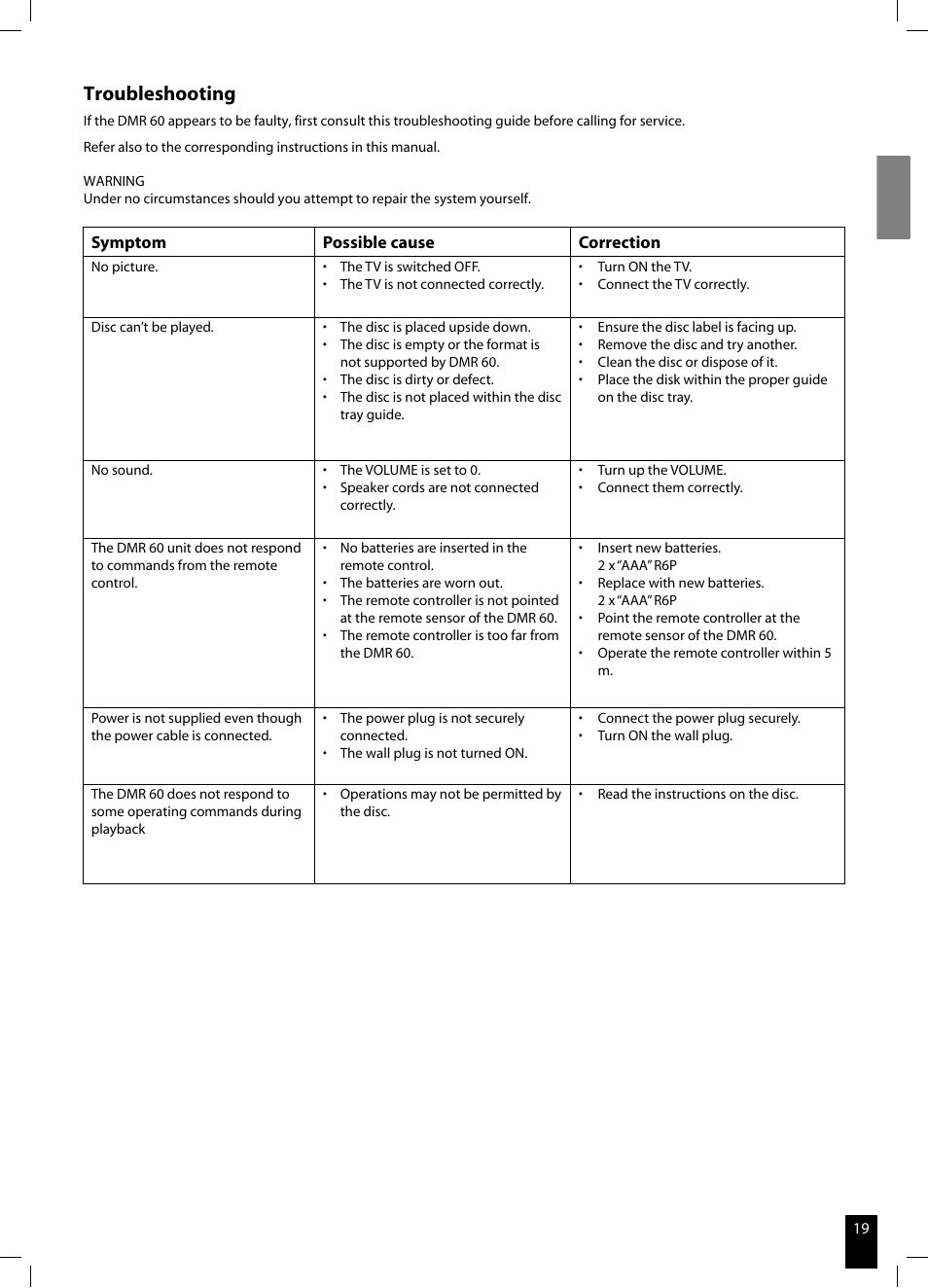 Troubleshooting | JAMO DMR 60 User Manual | Page 19 / 21