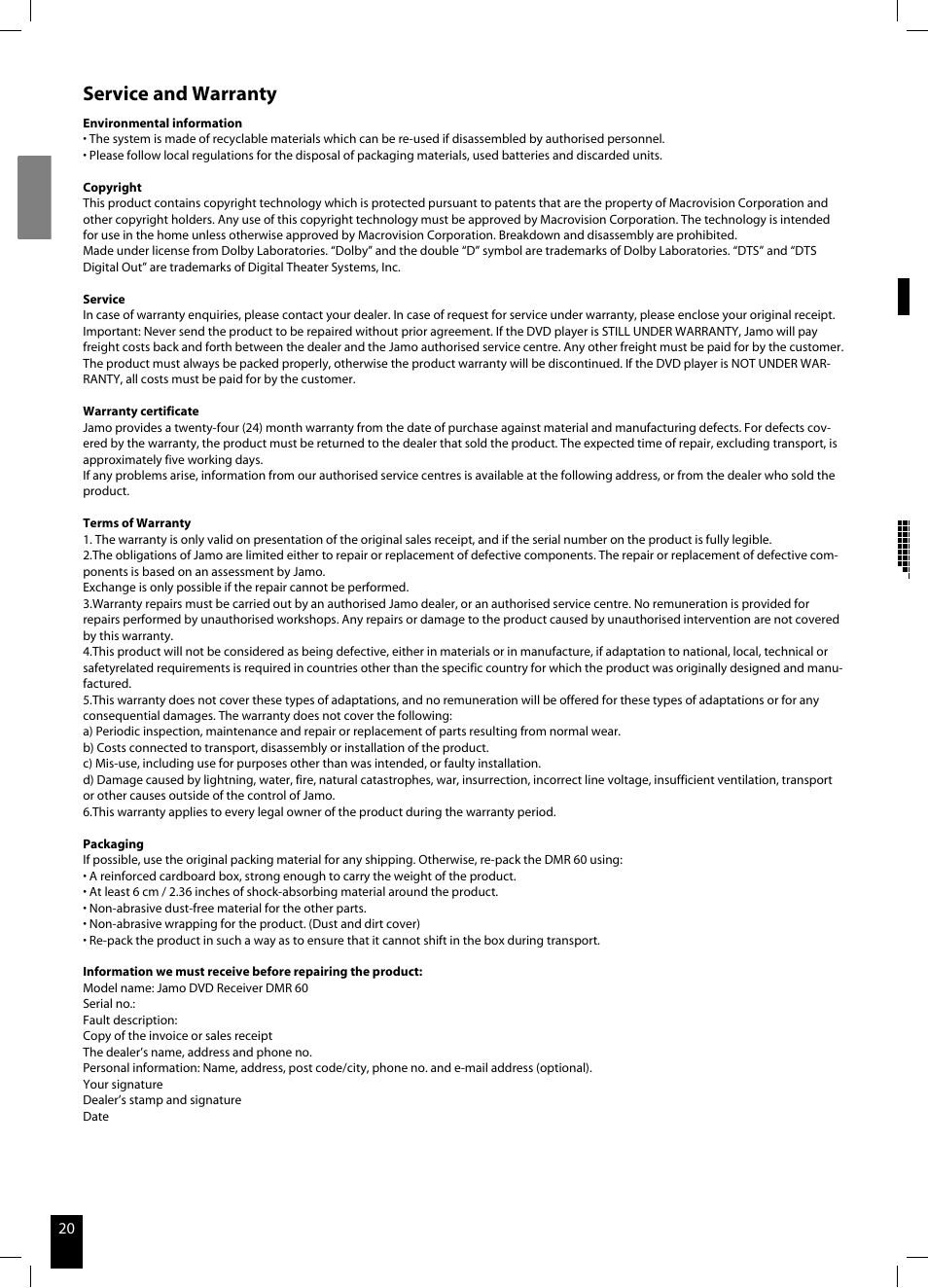 Service and warranty | JAMO DMR 60 User Manual | Page 20 / 21