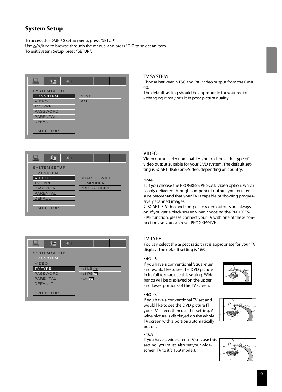 System setup, Tv system, Video | Tv type | JAMO DMR 60 User Manual | Page 9 / 21