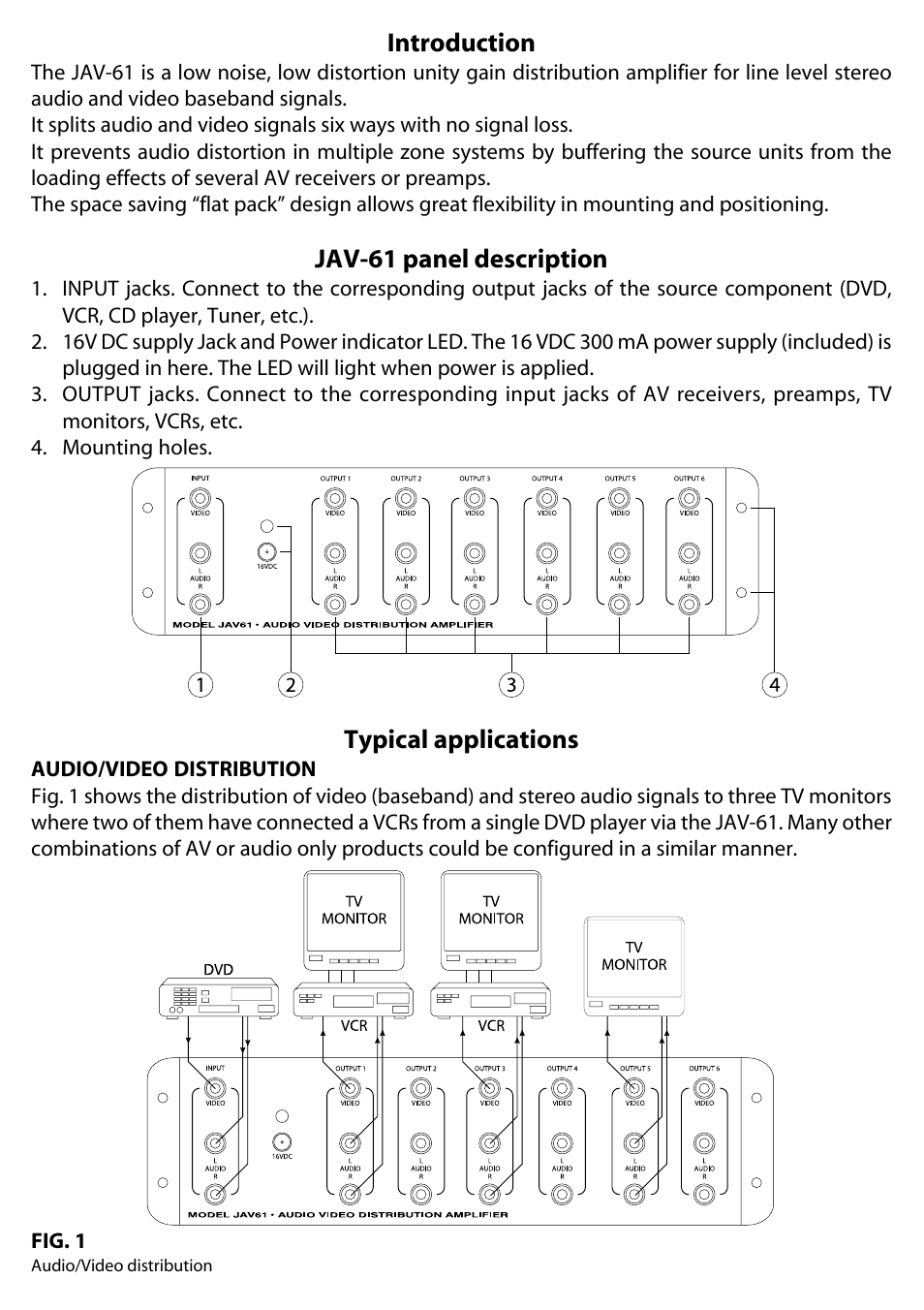 Introduction, Jav-61 panel description, Typical applications | JAMO JAV-61 User Manual | Page 2 / 4