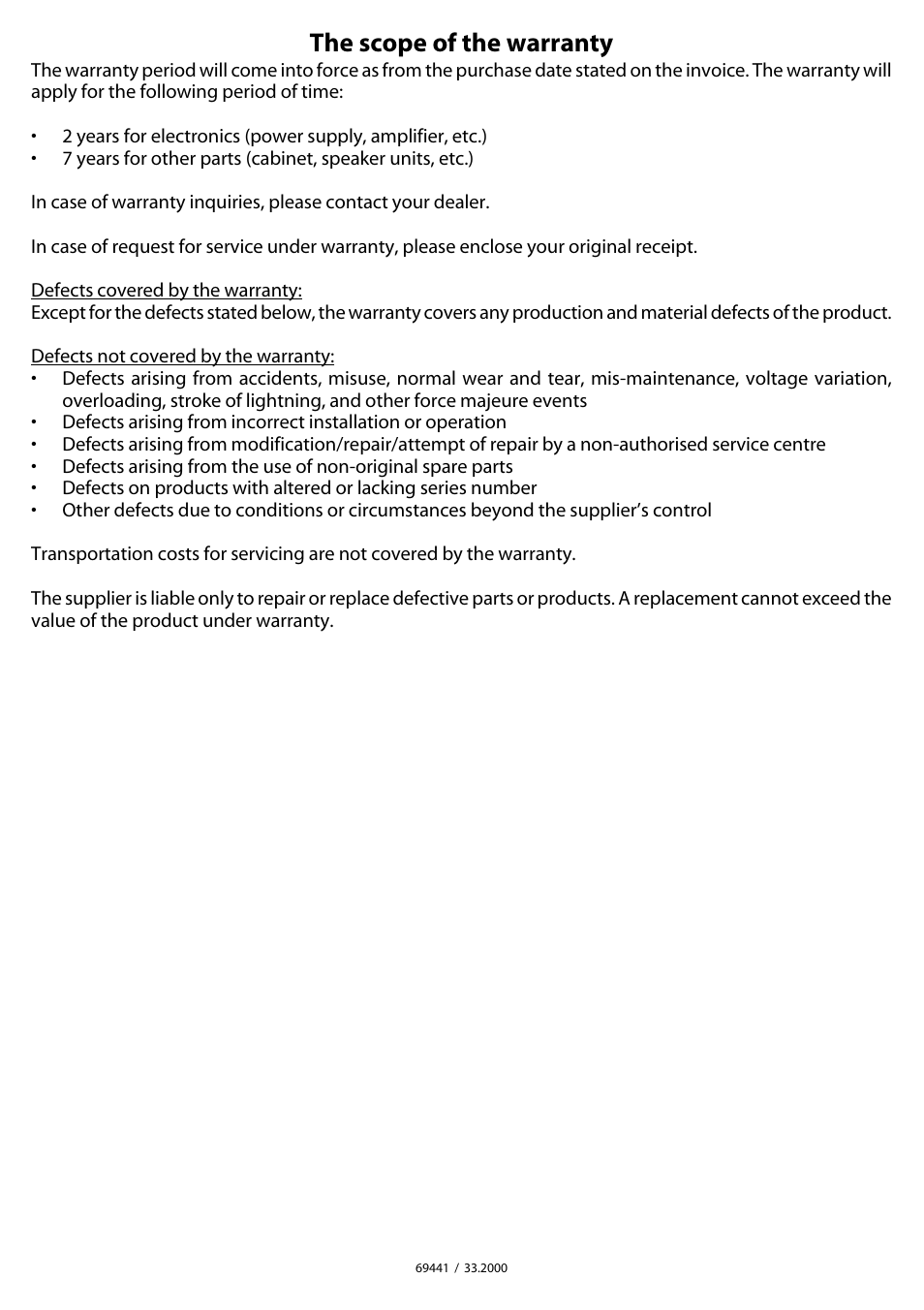 The scope of the warranty | JAMO JSS4-TS User Manual | Page 4 / 4