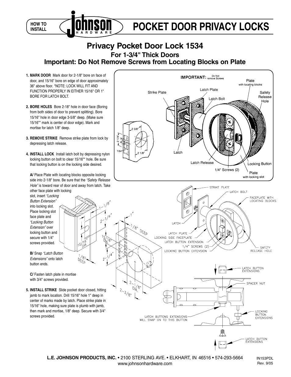 Pocket door privacy locks, Privacy pocket door lock 1534 | Johnson Hardware 1521 User Manual | Page 2 / 2